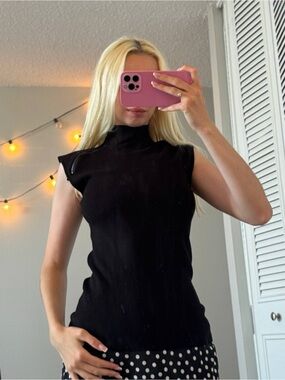 Catherine Malandrino Black Mock-Neck Cap-Sleeve Tank